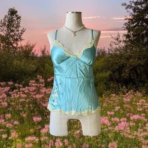 Vintage y2k Light Turquoise Babydoll Fairy Coquette Embroidered Floral Cami Top